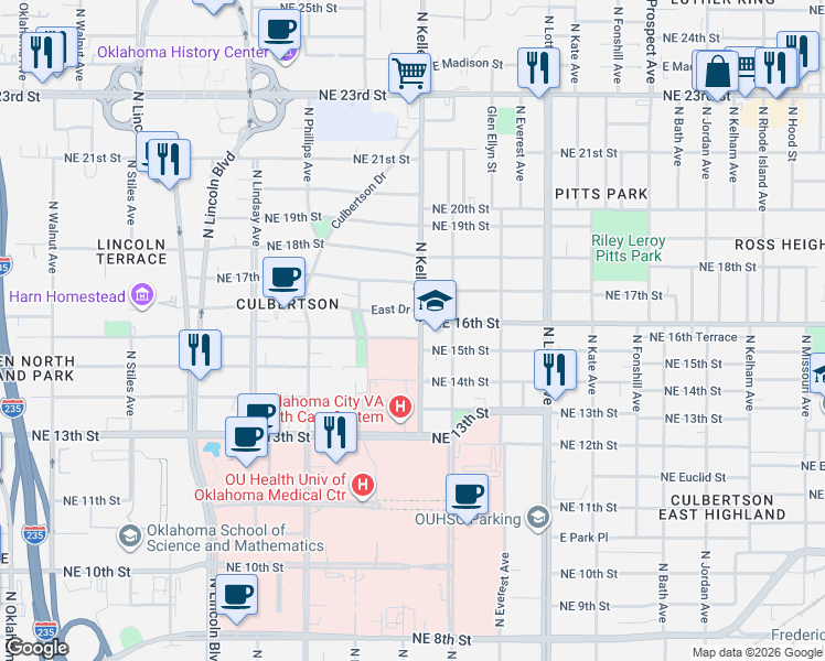 map of restaurants, bars, coffee shops, grocery stores, and more near 923 Northeast 16th Street in Oklahoma City