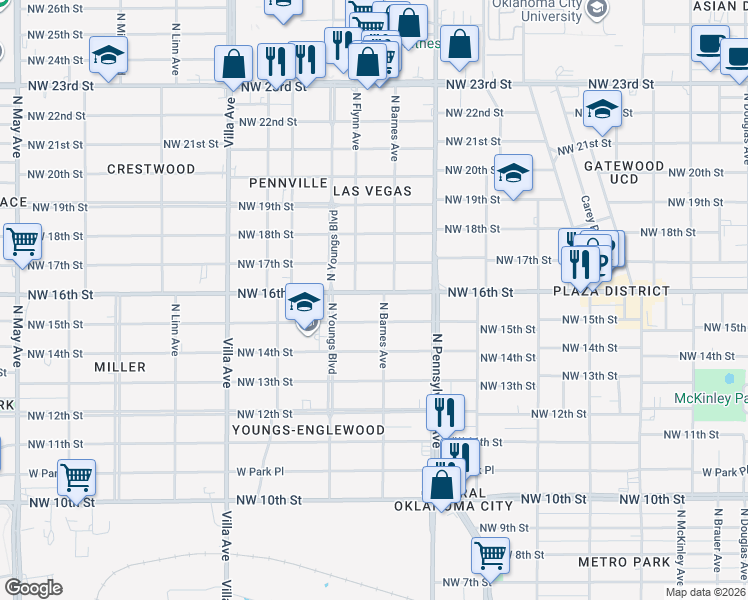 map of restaurants, bars, coffee shops, grocery stores, and more near 2222 Northwest 16th Street in Oklahoma City