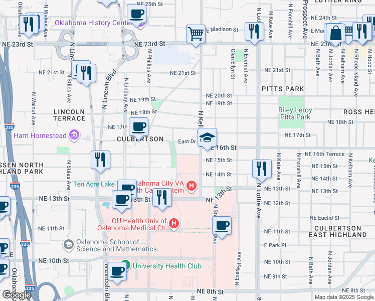 map of restaurants, bars, coffee shops, grocery stores, and more near 923 Northeast 16th Street in Oklahoma City