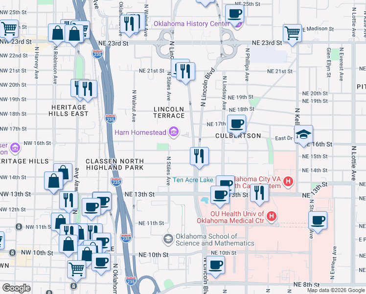 map of restaurants, bars, coffee shops, grocery stores, and more near 423 Northeast 16th Street in Oklahoma City