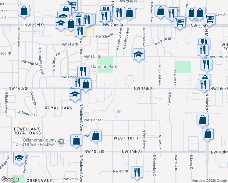 map of restaurants, bars, coffee shops, grocery stores, and more near 6802 Northwest 16th Street in Oklahoma City