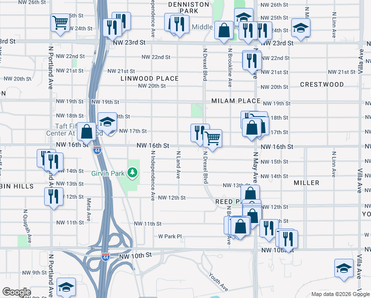 map of restaurants, bars, coffee shops, grocery stores, and more near 1612 North Land Avenue in Oklahoma City