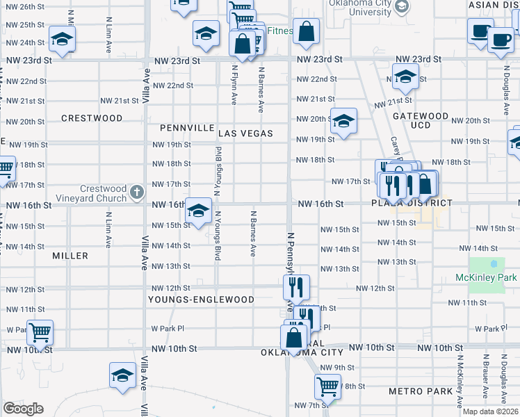 map of restaurants, bars, coffee shops, grocery stores, and more near 2138 Northwest 16th Street in Oklahoma City
