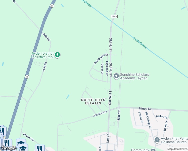 map of restaurants, bars, coffee shops, grocery stores, and more near 3709 Scenic Court in Ayden