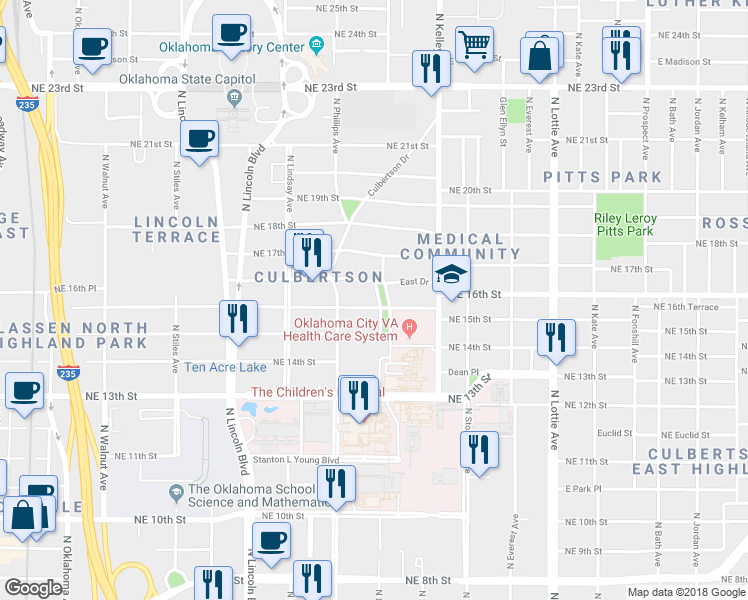 map of restaurants, bars, coffee shops, grocery stores, and more near 833 Northeast 16th Street in Oklahoma City