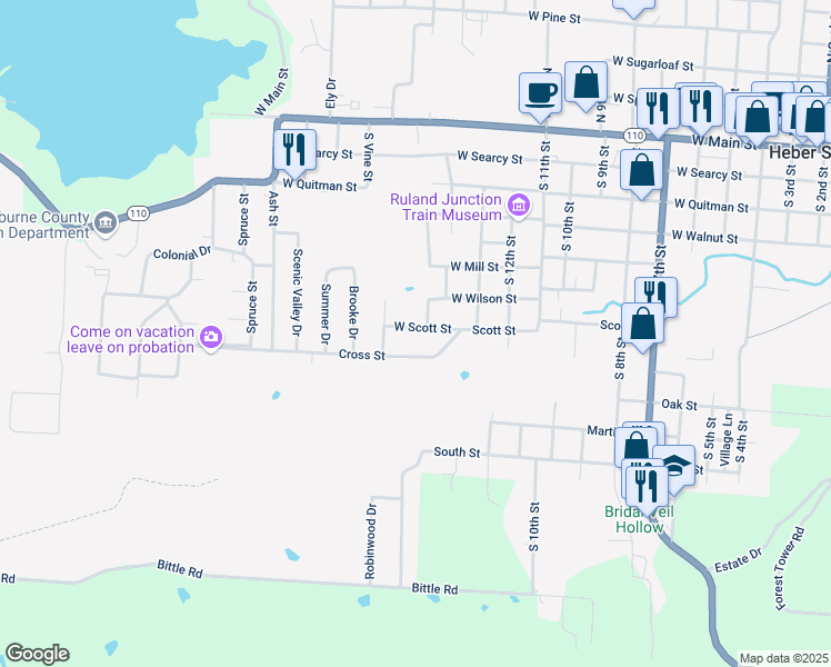 map of restaurants, bars, coffee shops, grocery stores, and more near 1503 Scott Street in Heber Springs