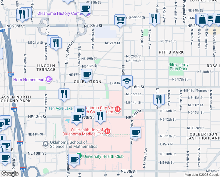 map of restaurants, bars, coffee shops, grocery stores, and more near 833 Northeast 16th Street in Oklahoma City