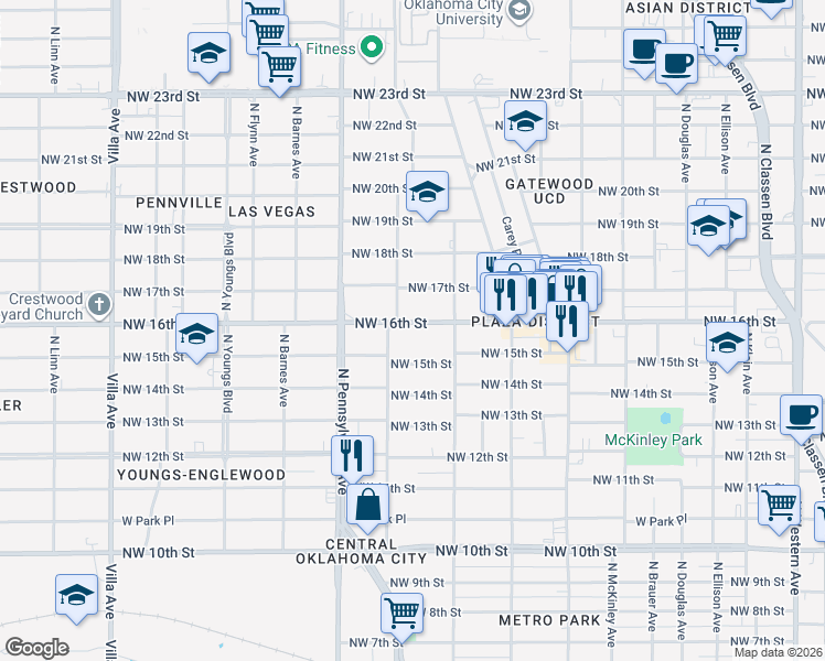 map of restaurants, bars, coffee shops, grocery stores, and more near 1936 Northwest 16th Street in Oklahoma City