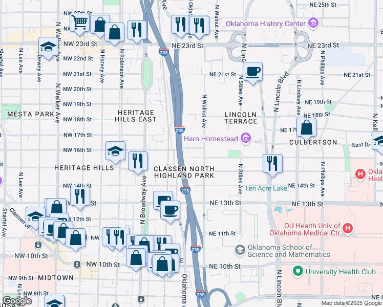 map of restaurants, bars, coffee shops, grocery stores, and more near 113 Northeast 16th Street in Oklahoma City