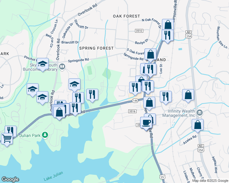 map of restaurants, bars, coffee shops, grocery stores, and more near 12 Sky Exchange Drive in Asheville