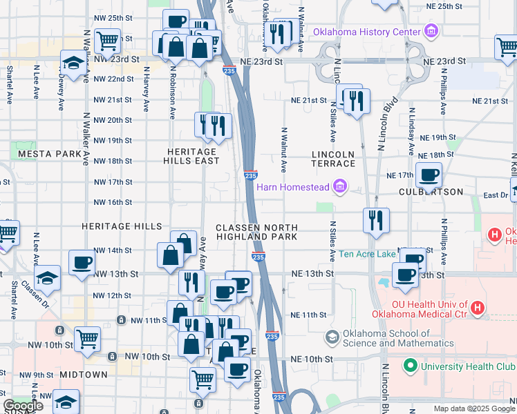 map of restaurants, bars, coffee shops, grocery stores, and more near 113 Northeast 16th Street in Oklahoma City