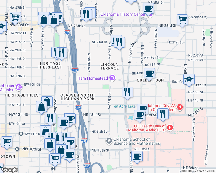 map of restaurants, bars, coffee shops, grocery stores, and more near 331 Northeast 16th Street in Oklahoma City