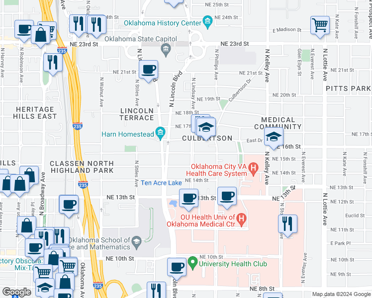 map of restaurants, bars, coffee shops, grocery stores, and more near 629 Northeast 16th Street in Oklahoma City