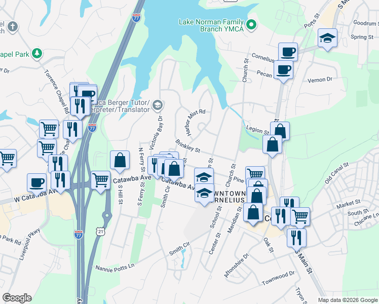 map of restaurants, bars, coffee shops, grocery stores, and more near 21020 Brinkley Street in Cornelius