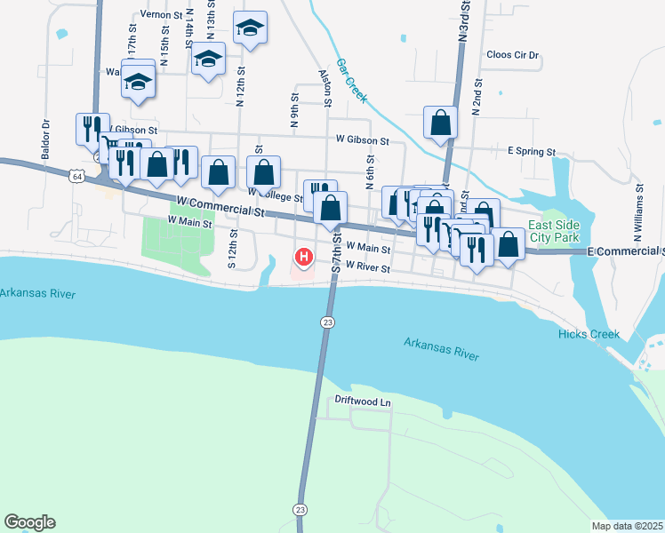 map of restaurants, bars, coffee shops, grocery stores, and more near 707 West River Street in Ozark