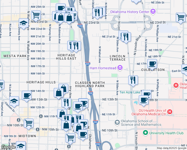 map of restaurants, bars, coffee shops, grocery stores, and more near 113 Northeast 16th Street in Oklahoma City