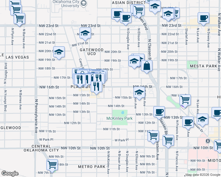 map of restaurants, bars, coffee shops, grocery stores, and more near 1620 North Marion Avenue in Oklahoma City