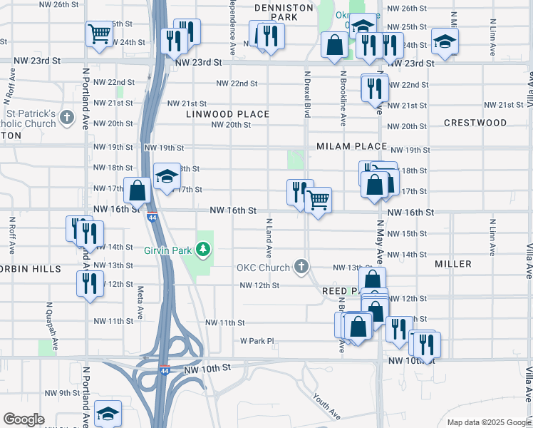 map of restaurants, bars, coffee shops, grocery stores, and more near 1612 North Land Avenue in Oklahoma City