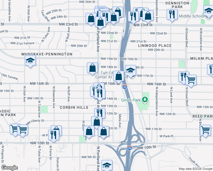 map of restaurants, bars, coffee shops, grocery stores, and more near 3631 Northwest 15th Street in Oklahoma City