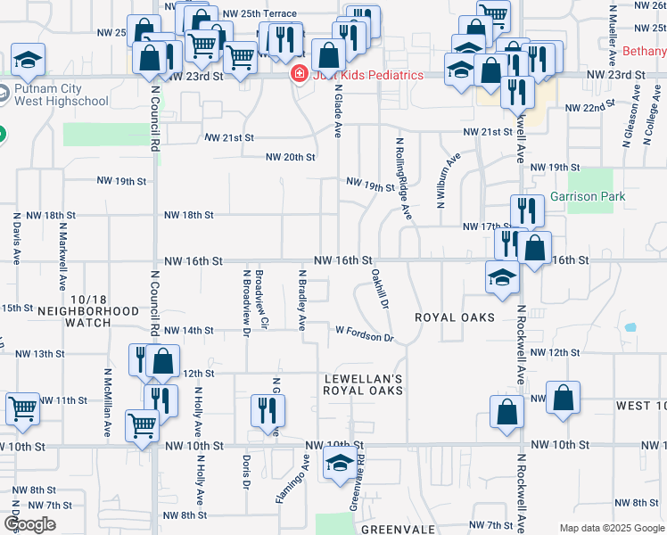 map of restaurants, bars, coffee shops, grocery stores, and more near 1600 Bradley Place in Oklahoma City