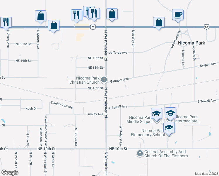map of restaurants, bars, coffee shops, grocery stores, and more near 1612 North Westminster Road in Midwest City