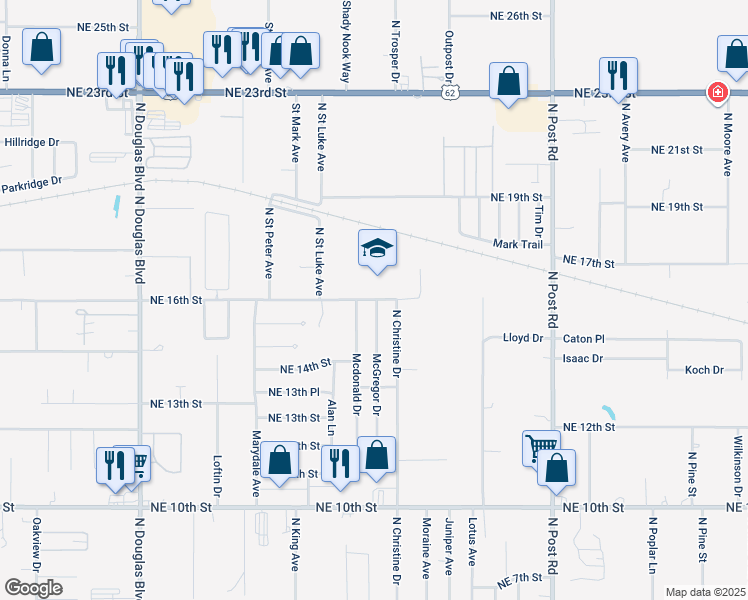 map of restaurants, bars, coffee shops, grocery stores, and more near 9521 Northeast 16th Street in Midwest City