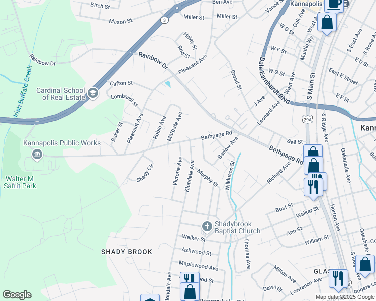 map of restaurants, bars, coffee shops, grocery stores, and more near 804 Klondale Avenue in Kannapolis