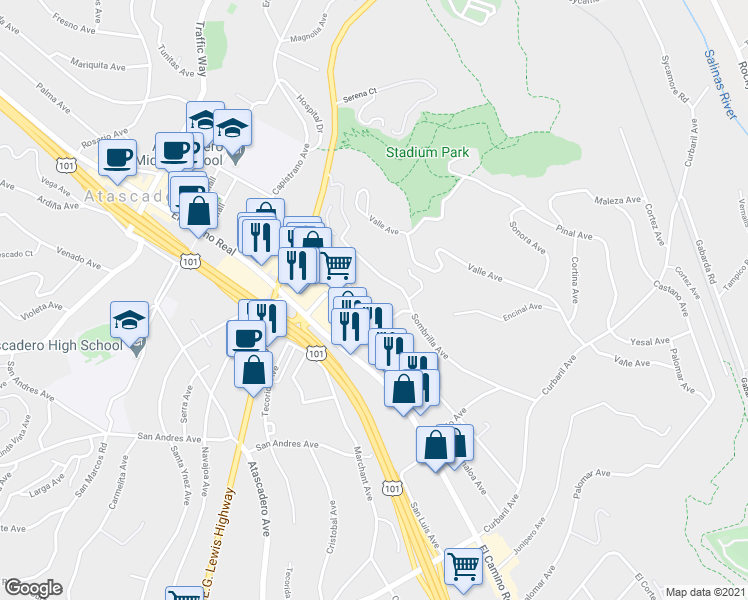 map of restaurants, bars, coffee shops, grocery stores, and more near 7255 Santa Ysabel Avenue in Atascadero