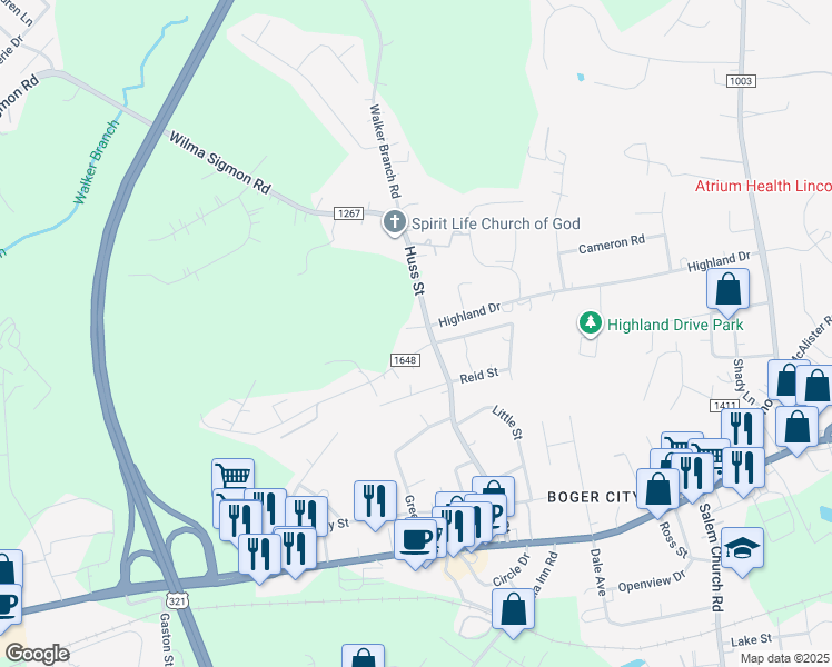 map of restaurants, bars, coffee shops, grocery stores, and more near 701 Huss Street in Lincolnton