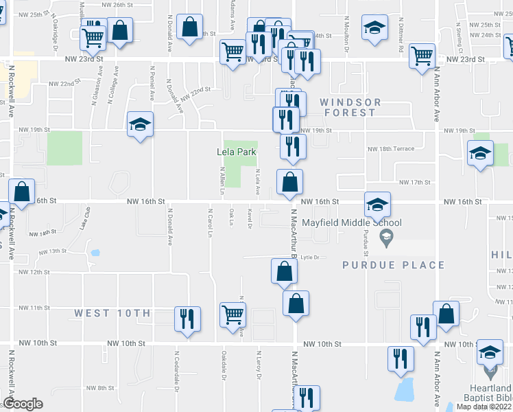 map of restaurants, bars, coffee shops, grocery stores, and more near 6024 Northwest 16th Street in Oklahoma City