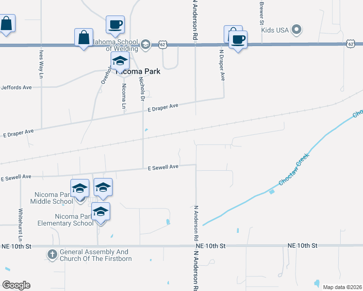 map of restaurants, bars, coffee shops, grocery stores, and more near 11815 East Sewell Avenue in Choctaw