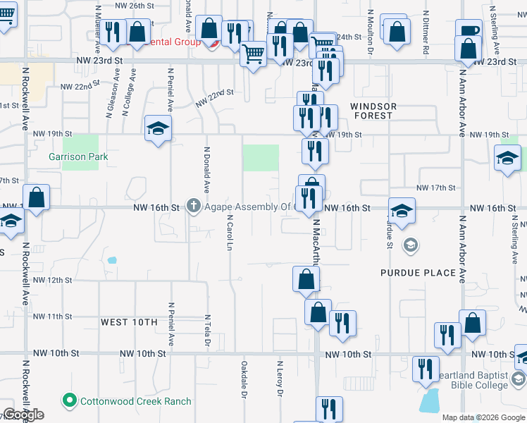 map of restaurants, bars, coffee shops, grocery stores, and more near 6108 Northwest 16th Street in Oklahoma City