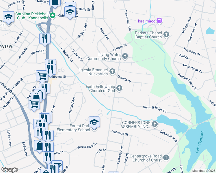 map of restaurants, bars, coffee shops, grocery stores, and more near 185 Fairmont Circle in Kannapolis