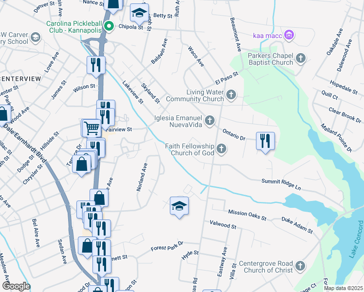 map of restaurants, bars, coffee shops, grocery stores, and more near 111 Fairmont Circle in Kannapolis