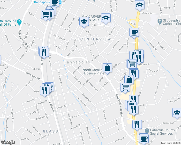 map of restaurants, bars, coffee shops, grocery stores, and more near 905 Cadillac Street in Kannapolis