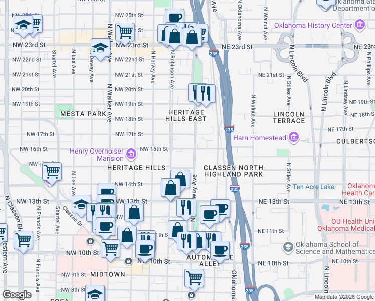 map of restaurants, bars, coffee shops, grocery stores, and more near 130 Northwest 16th Street in Oklahoma City