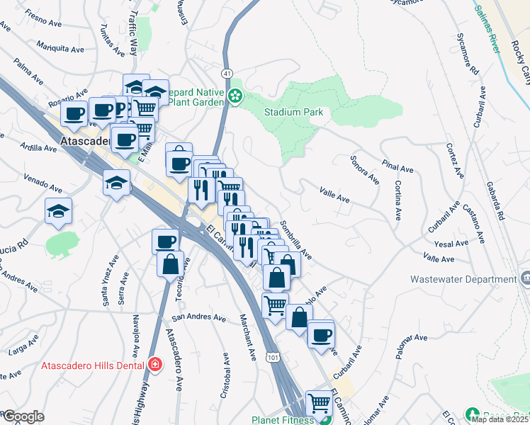 map of restaurants, bars, coffee shops, grocery stores, and more near 5470 Robles Avenue in Atascadero