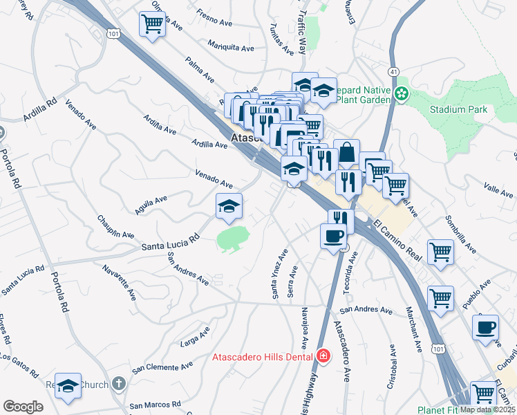 map of restaurants, bars, coffee shops, grocery stores, and more near 6461 Nacimiento Avenue in Atascadero