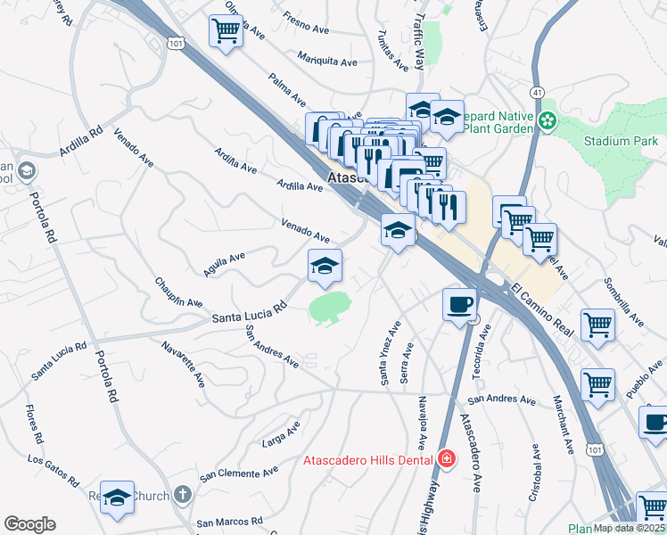 map of restaurants, bars, coffee shops, grocery stores, and more near 6855 Santa Lucia Road in Atascadero