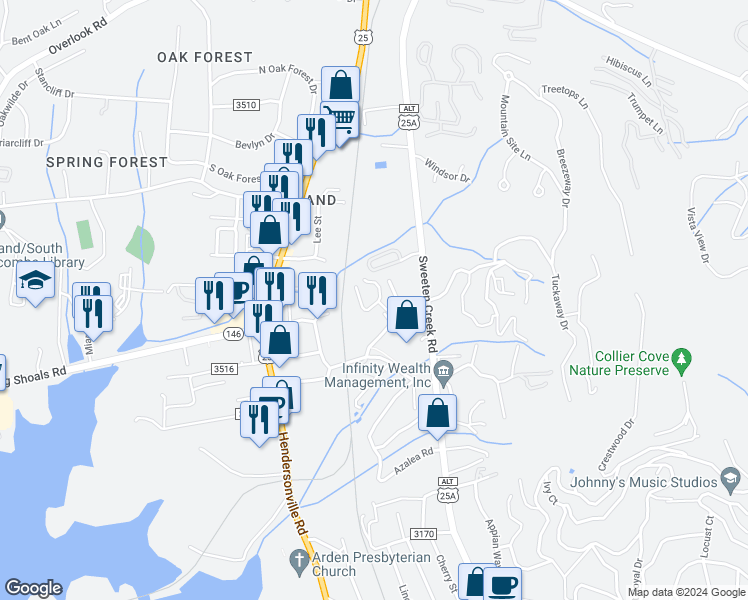 map of restaurants, bars, coffee shops, grocery stores, and more near 48 Ravencroft Lane in Asheville