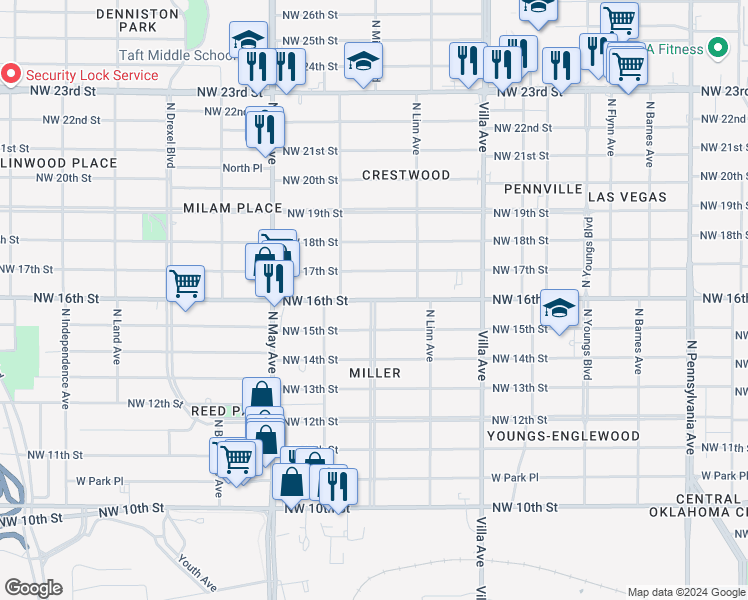 map of restaurants, bars, coffee shops, grocery stores, and more near 1615 North Miller Boulevard in Oklahoma City