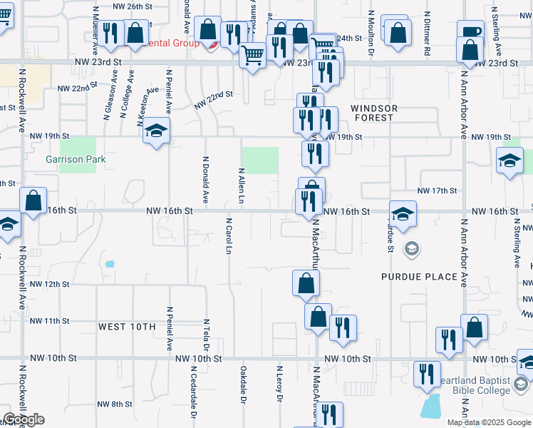 map of restaurants, bars, coffee shops, grocery stores, and more near 1624 Kavel Drive in Oklahoma City