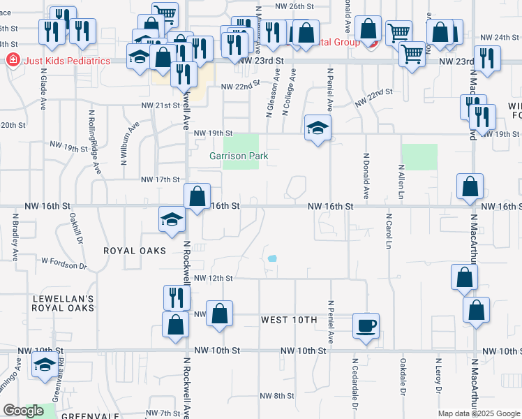 map of restaurants, bars, coffee shops, grocery stores, and more near 6832 Northwest 16th Street in Oklahoma City