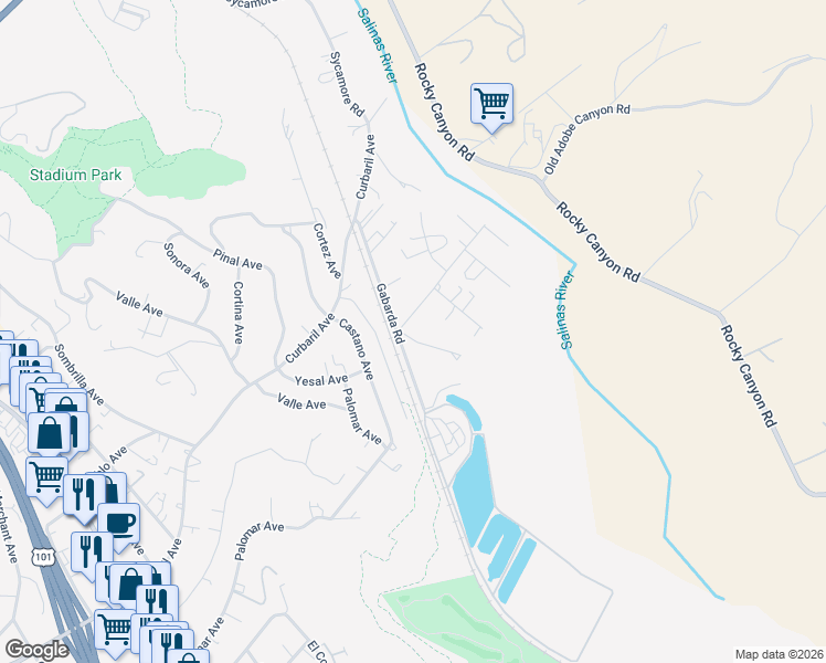 map of restaurants, bars, coffee shops, grocery stores, and more near 7825 Gabarda Road in Atascadero