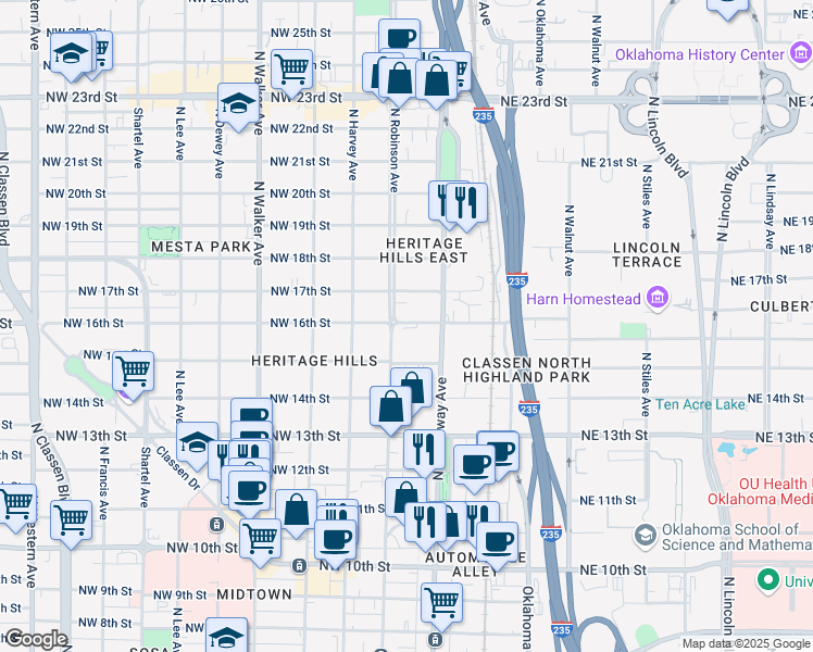 map of restaurants, bars, coffee shops, grocery stores, and more near 136 Northwest 16th Street in Oklahoma City