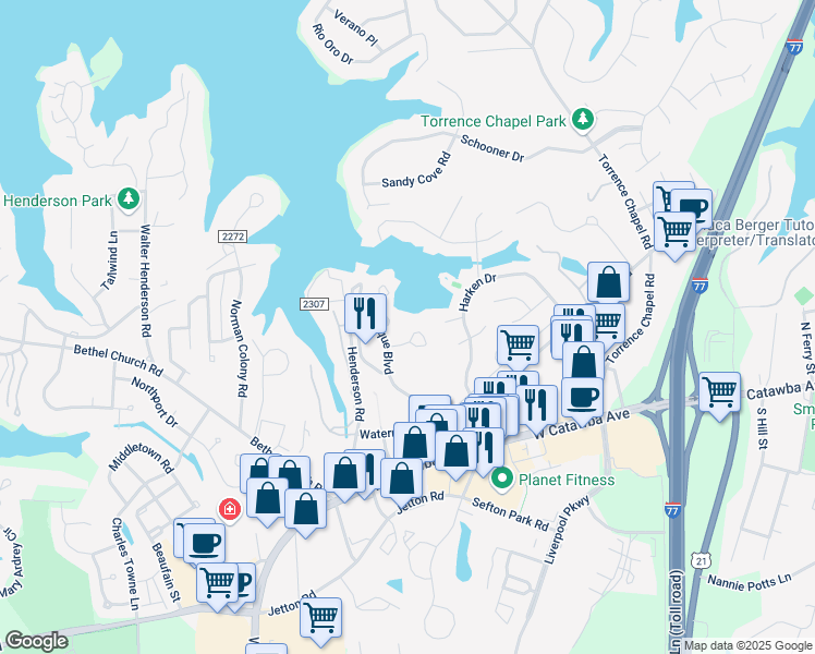 map of restaurants, bars, coffee shops, grocery stores, and more near 19511 Waverunner Lane in Cornelius