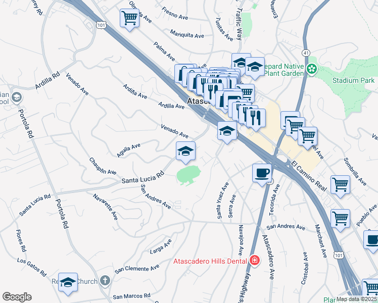 map of restaurants, bars, coffee shops, grocery stores, and more near 6843 Santa Lucia Road in Atascadero