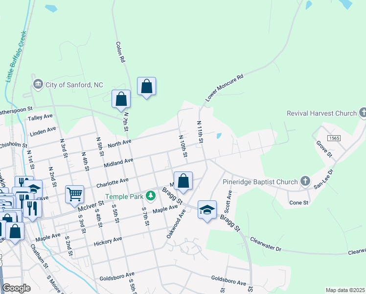 map of restaurants, bars, coffee shops, grocery stores, and more near North 10th Street in Sanford