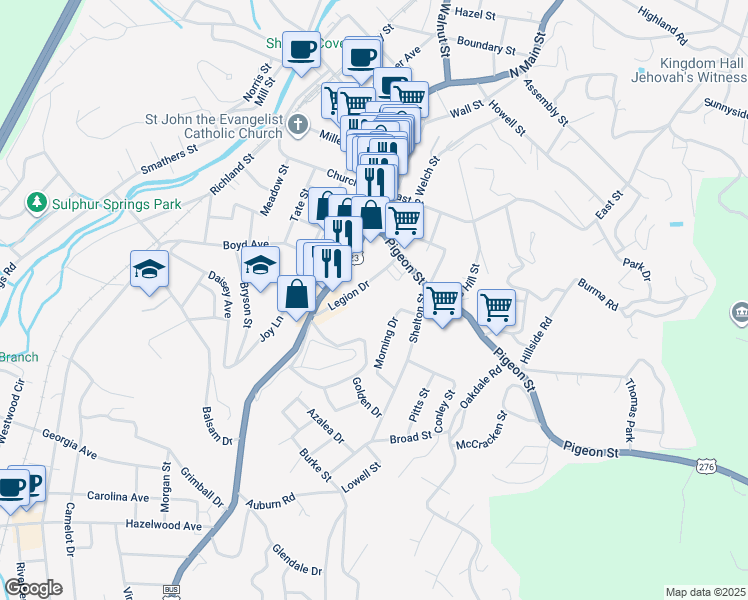 map of restaurants, bars, coffee shops, grocery stores, and more near 129 Legion Drive in Waynesville
