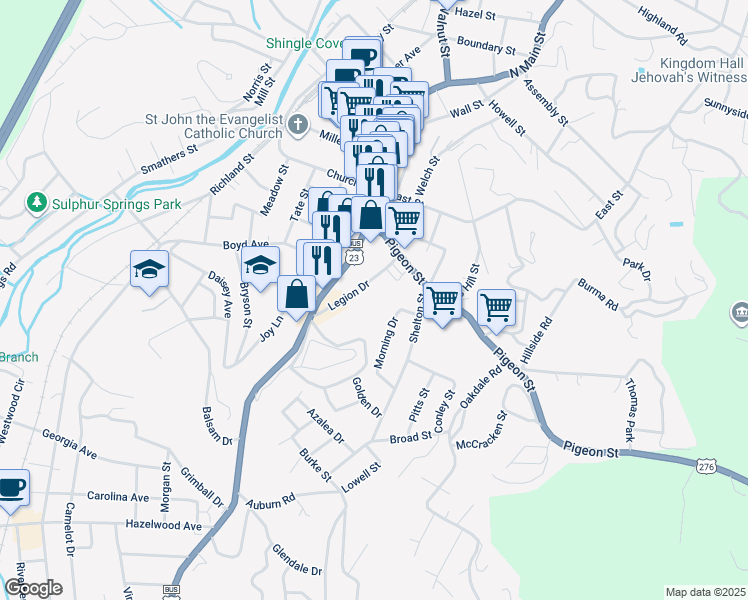 map of restaurants, bars, coffee shops, grocery stores, and more near 129 Legion Drive in Waynesville